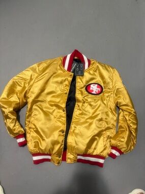 Gold Satin Bomber Jacket with Red Trim
